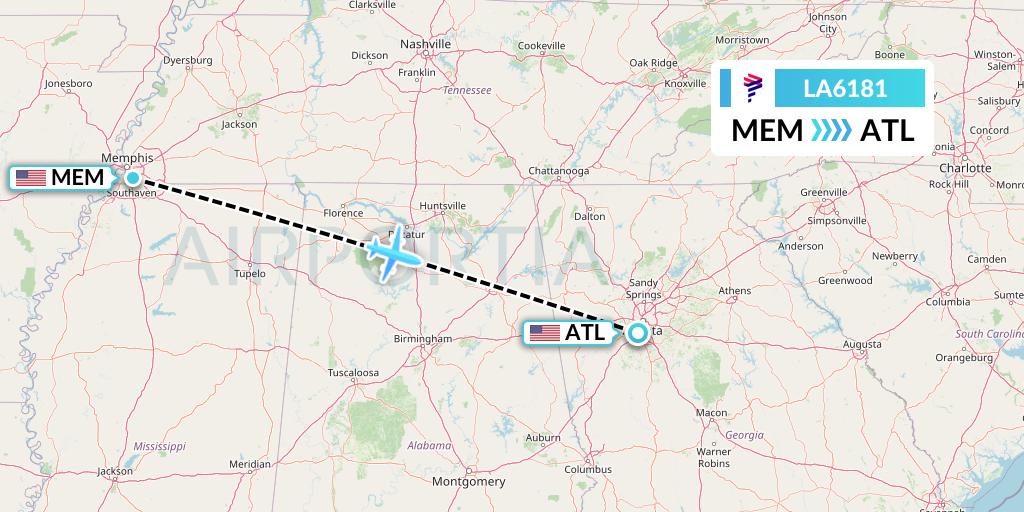LA6181 LAN Airlines Flight Map: Memphis to Atlanta