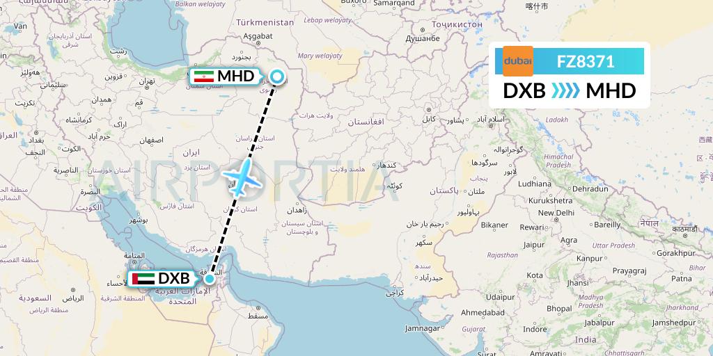 FZ8371 FlyDubai Flight Map: Dubai to Mashhad