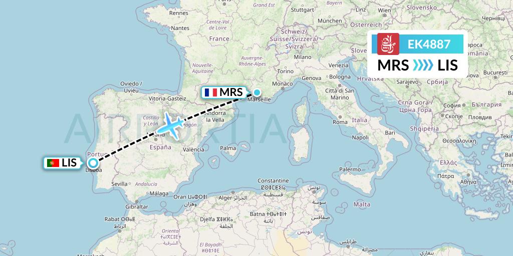 EK4887 Emirates Flight Map: Marseille to Lisbon