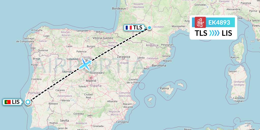 EK4893 Emirates Flight Map: Toulouse to Lisbon