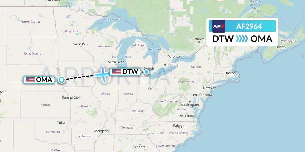 AF2964 Air France Flight Map: Detroit to Omaha