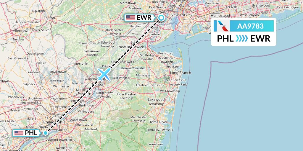 AA9783 American Airlines Flight Map: Philadelphia to New York