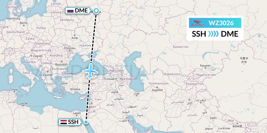 WZ3026 Red Wings Flight Map: Sharm el-Sheikh to Moscow