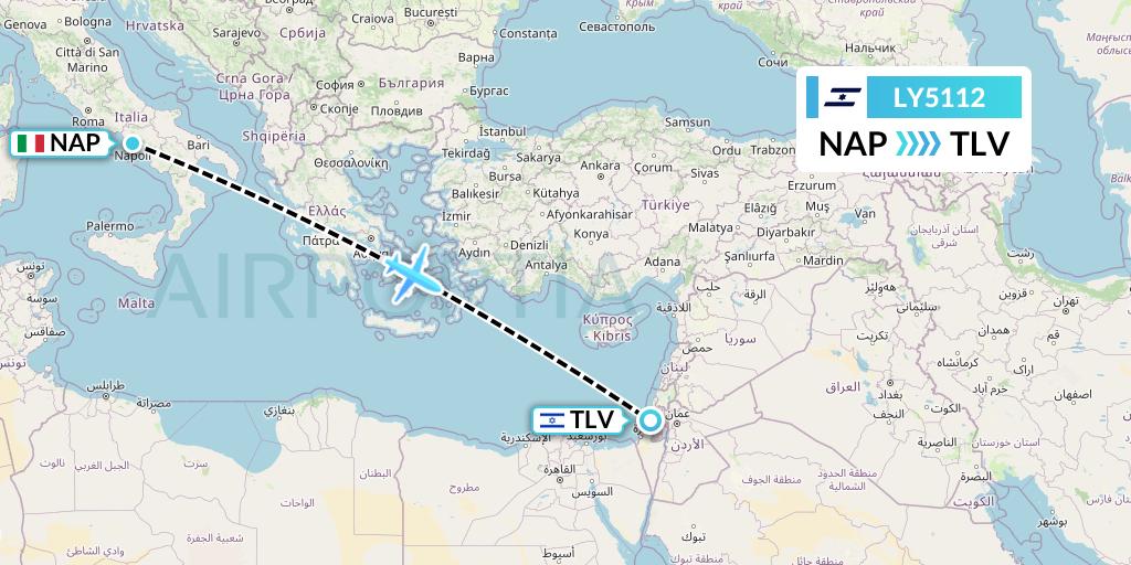 LY5112 El Al Flight Map: Naples to Tel Aviv