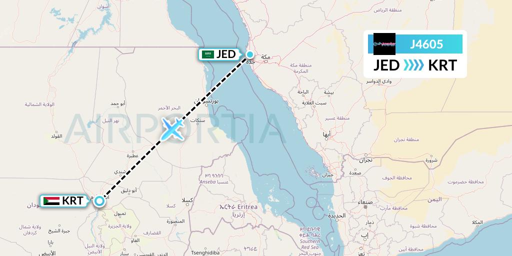 J4605 Badr Airlines Flight Map: Jeddah to Khartoum