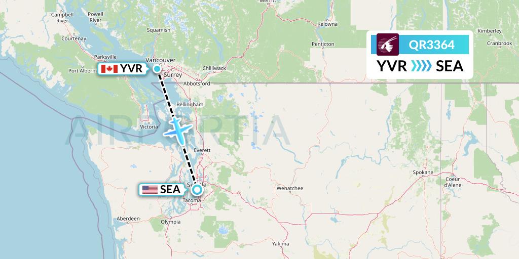 QR3364 Qatar Airways Flight Map: Vancouver to Seattle