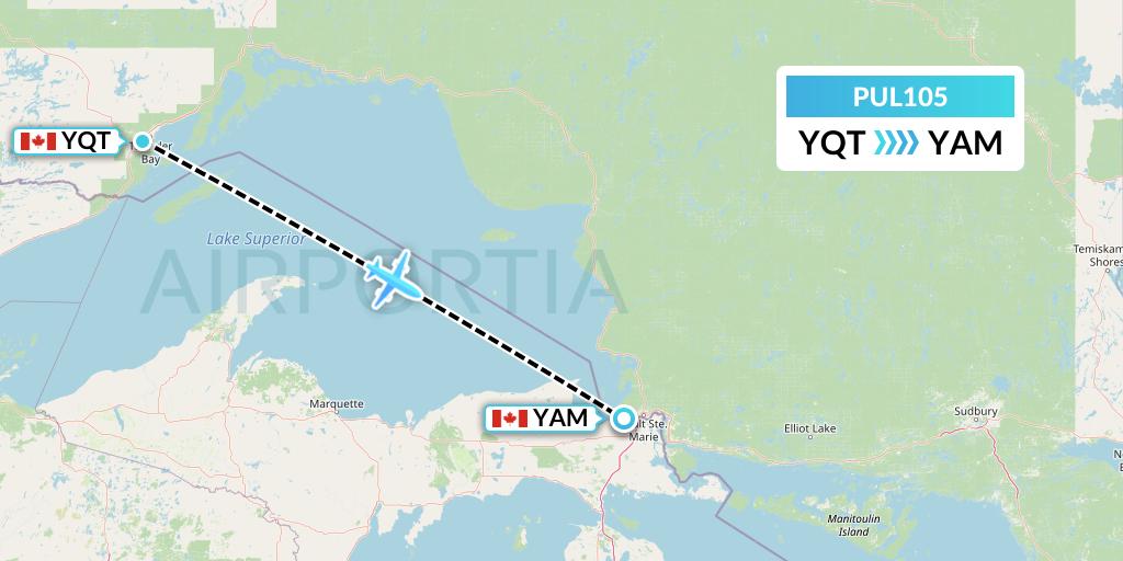 PUL105 Ornge Air Flight Map: Thunder Bay to Sault Ste. Marie