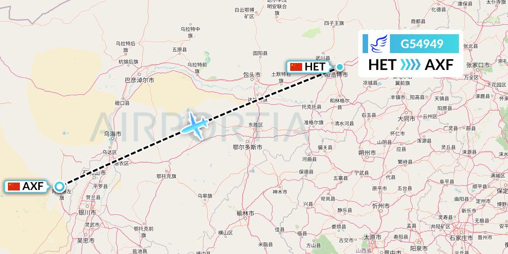 G54949 China Express Airlines Flight Map: Hohhot to Yinchuan