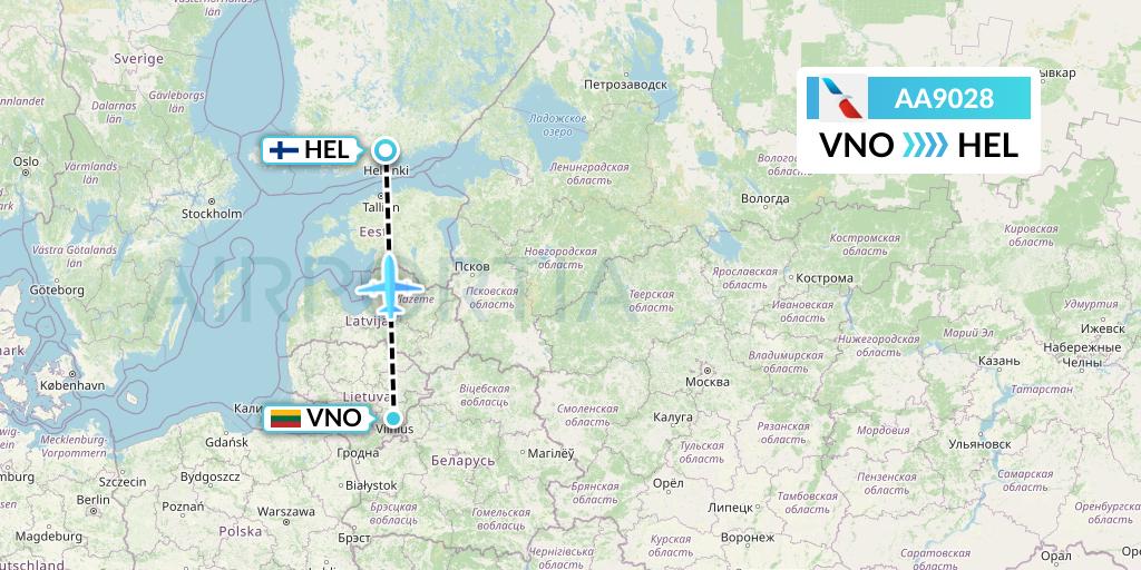 AA9028 American Airlines Flight Map: Vilnius to Helsinki