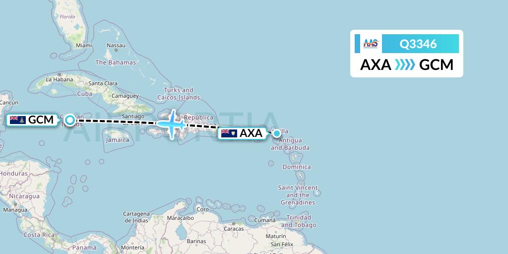 Q3346 Anguilla Air Services Flight Map: The Valley to George Town