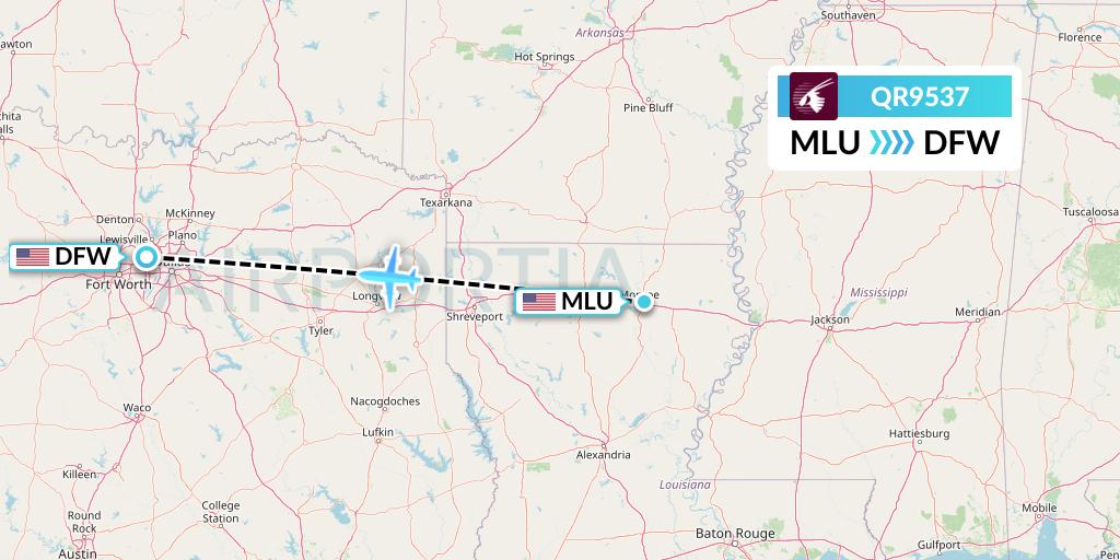 QR9537 Qatar Airways Flight Map: Monroe to Dallas
