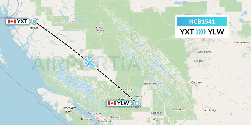 NCB1541 North Caribou Flying Service Flight Map: Terrace to Kelowna