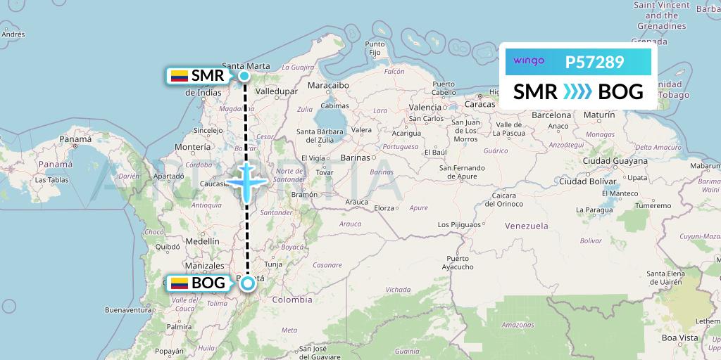 P57289 Copa Airlines Colombia Flight Map: Santa Marta to Bogota
