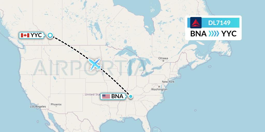 DL7149 Delta Air Lines Flight Map: Nashville to Calgary