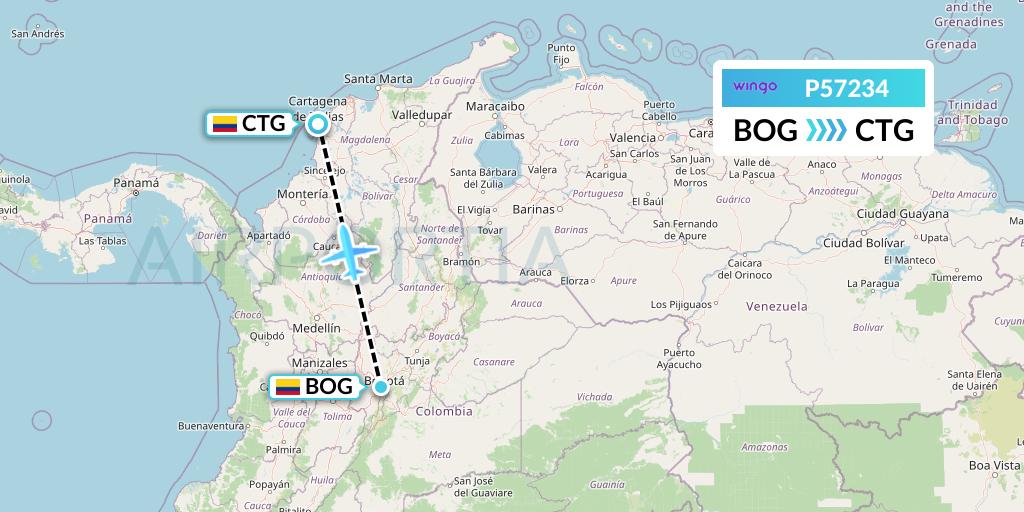 P57234 Copa Airlines Colombia Flight Map: Bogota to Cartagena