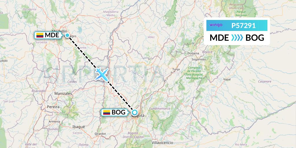 P57291 Copa Airlines Colombia Flight Map: Medellin to Bogota