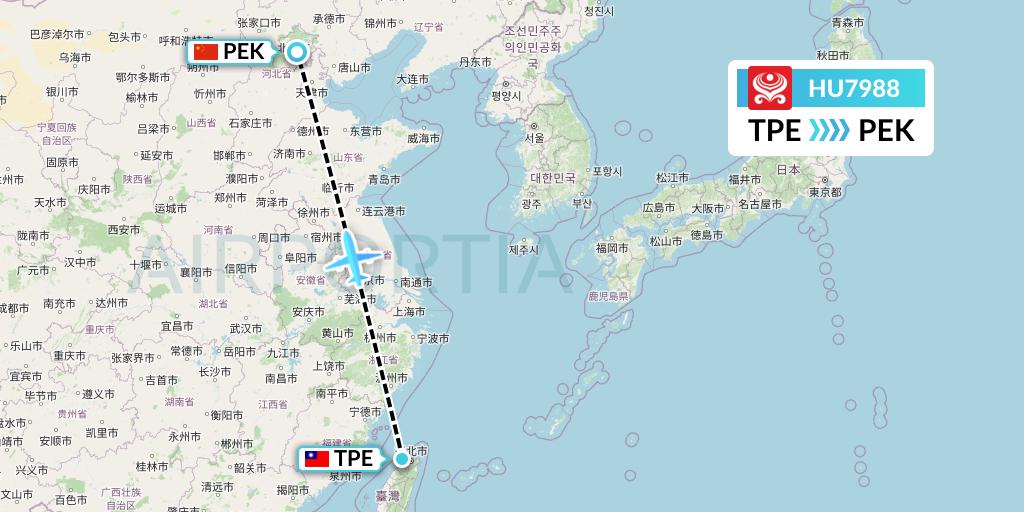 HU7988 Hainan Airlines Flight Map: Taipei to Beijing