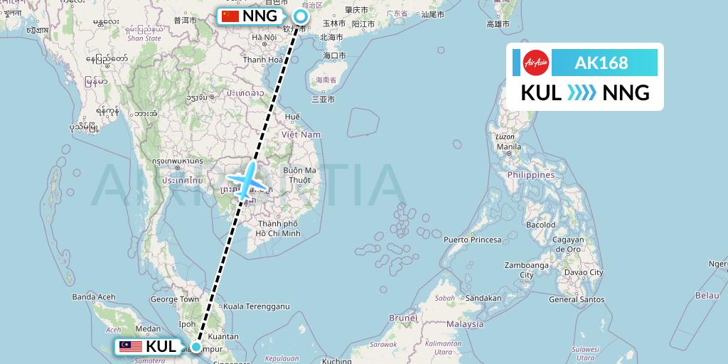 AK168 AirAsia Flight Map: Kuala Lumpur to Nanning