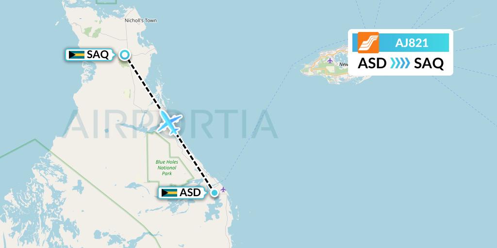AJ821 Aztec Airways Flight Map: Bahamas to San Andros