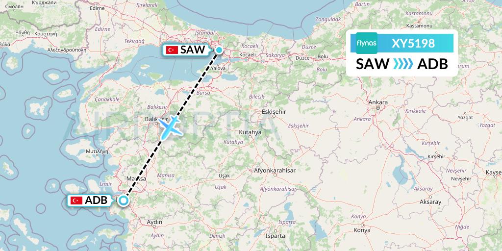 XY5198 Flynas Flight Map: Istanbul to Izmir
