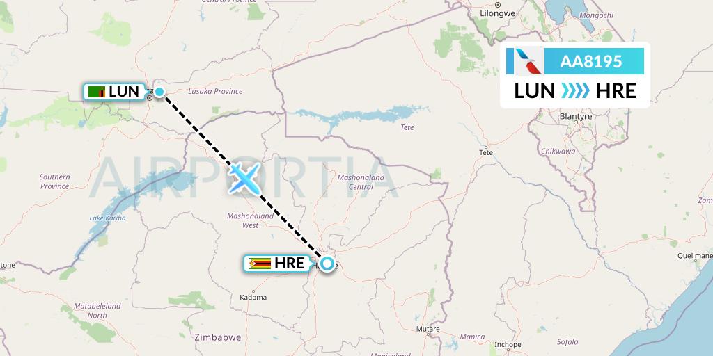 AA8195 American Airlines Flight Map: Lusaka to Harare