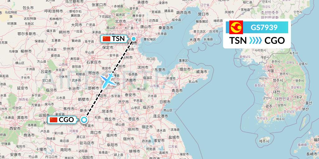 GS7939 Tianjin Airlines Flight Map: Tianjin to Zhengzhou