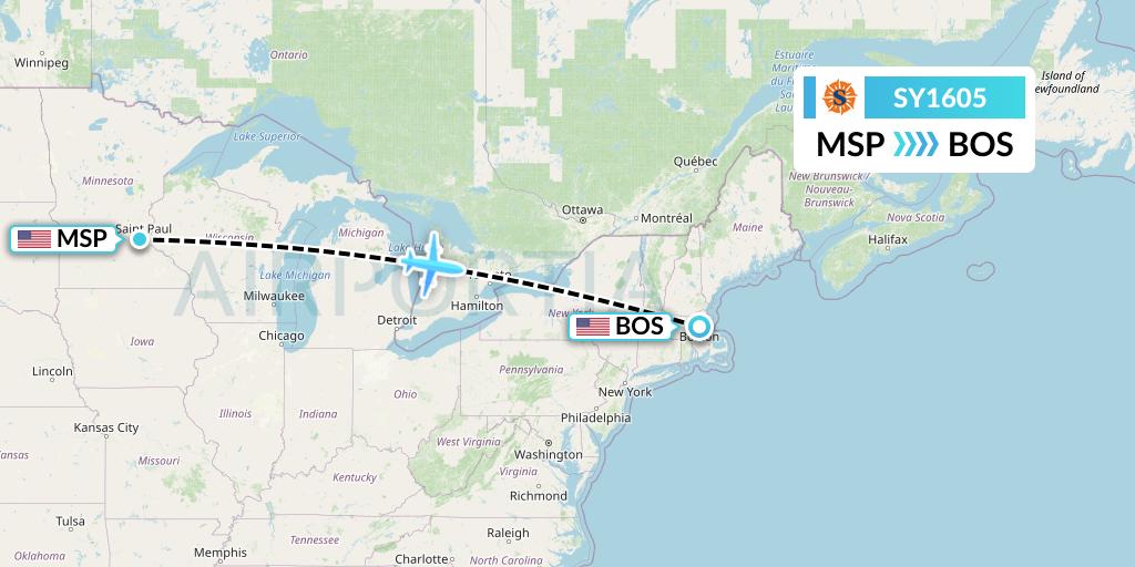 SY1605 Sun Country Airlines Flight Map: Minneapolis to Boston