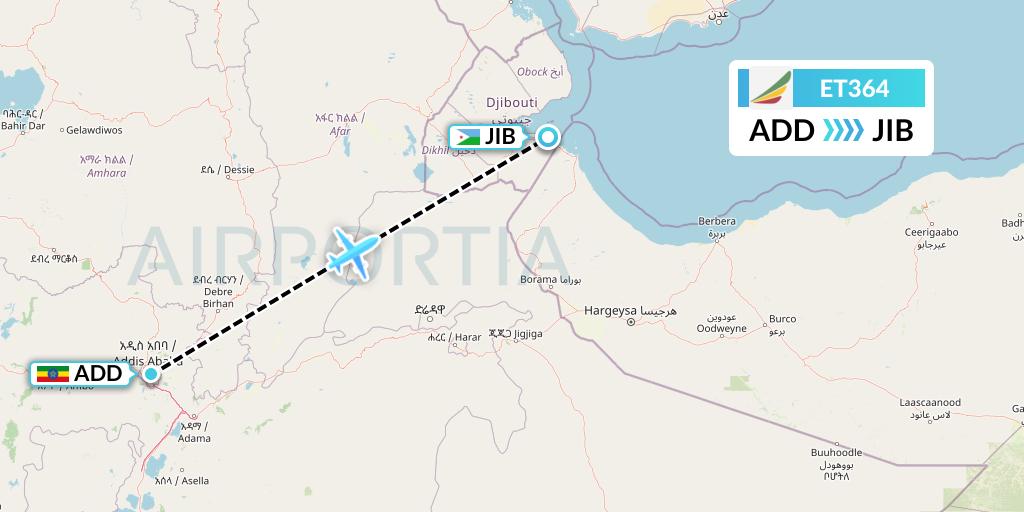 ET364 Ethiopian Airlines Flight Map: Addis Ababa to Djibouti