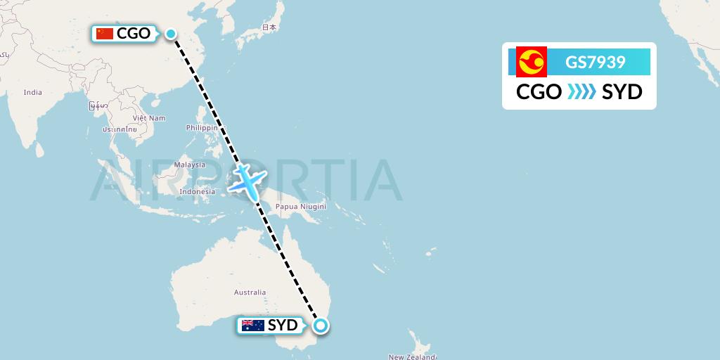 GS7939 Tianjin Airlines Flight Map: Zhengzhou to Sydney