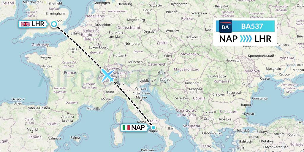 BA537 British Airways Flight Map: Naples to London