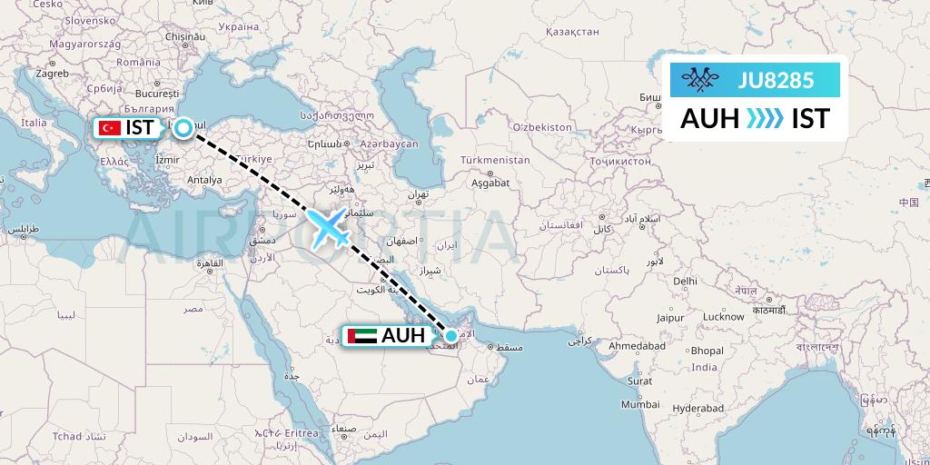 JU8285 AirSERBIA Flight Map: Abu Dhabi to Istanbul