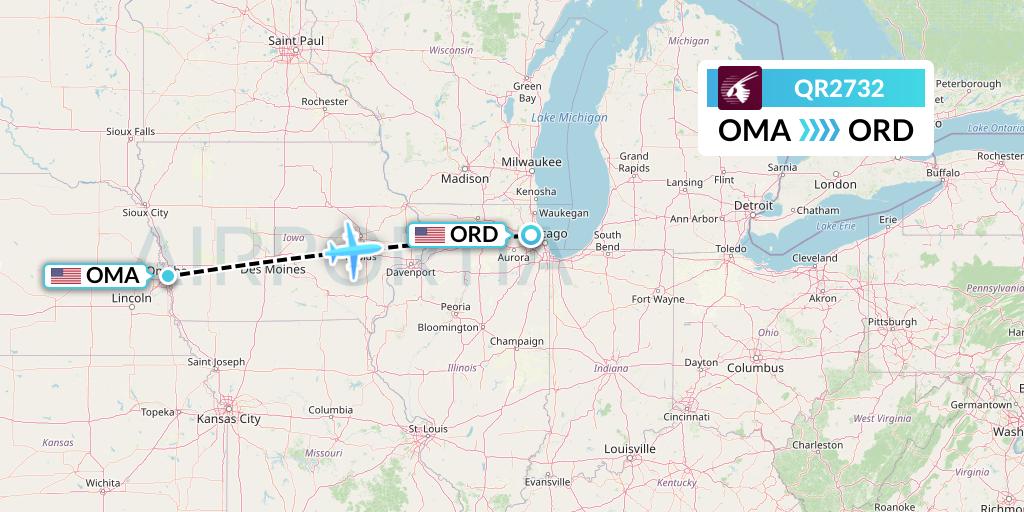 QR2732 Qatar Airways Flight Map: Omaha to Chicago