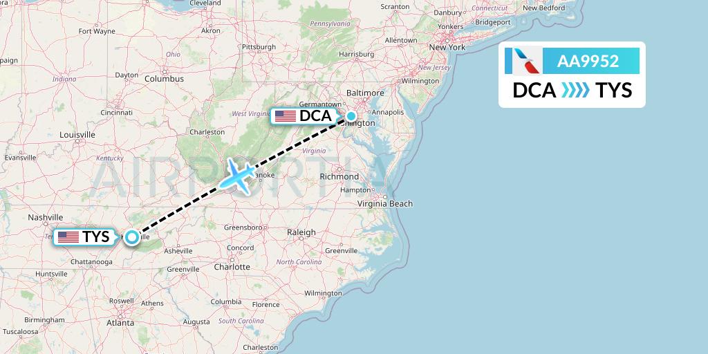 AA9952 American Airlines Flight Map: Washington to Knoxville