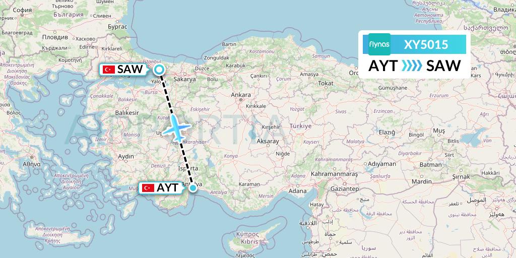 XY5015 Flynas Flight Map: Antalya to Istanbul