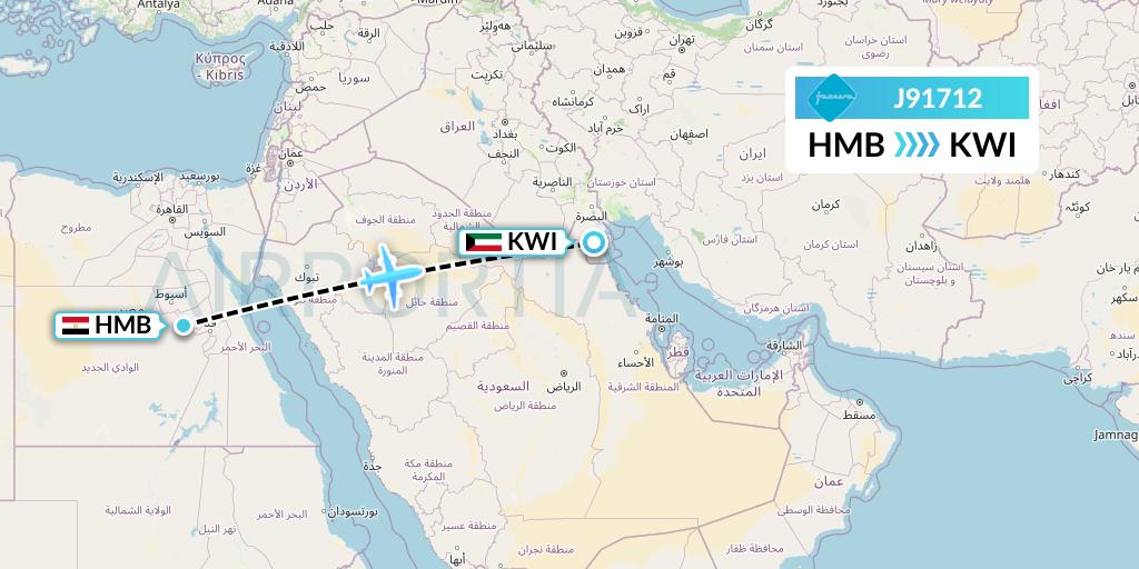 J91712 Jazeera Airways Flight Map: Sohag to Kuwait City