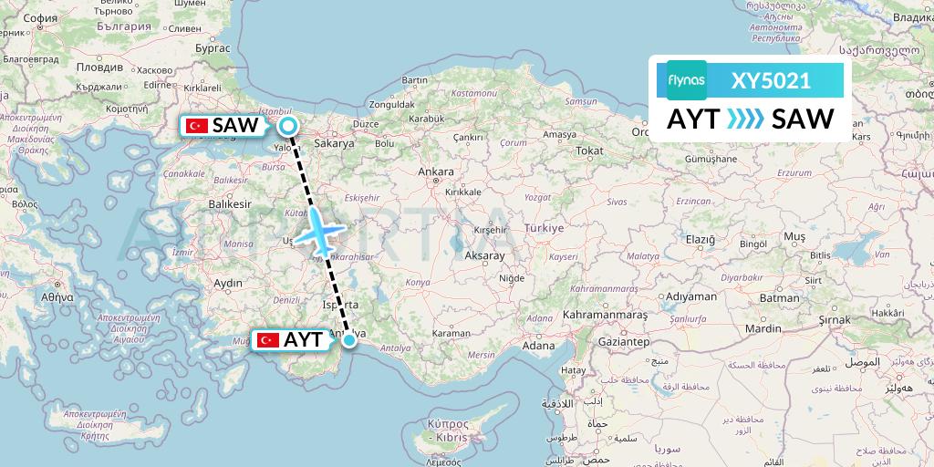 XY5021 Flynas Flight Map: Antalya to Istanbul