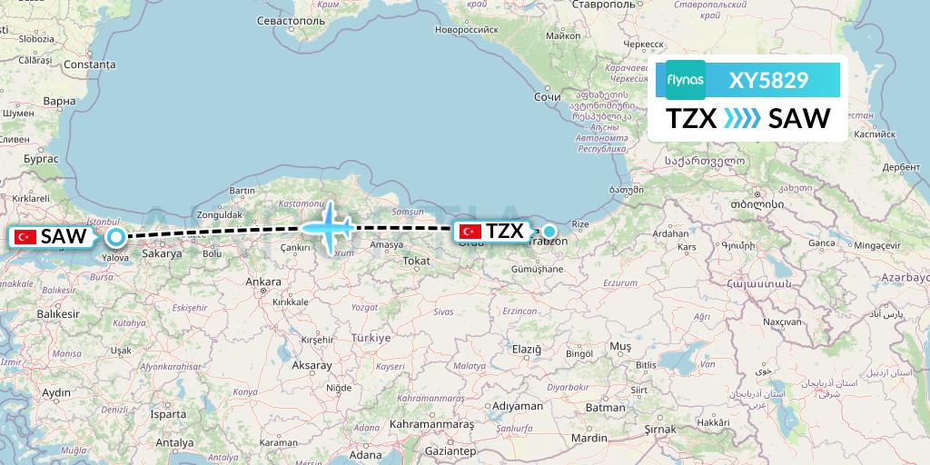 XY5829 Flynas Flight Map: Trabzon to Istanbul