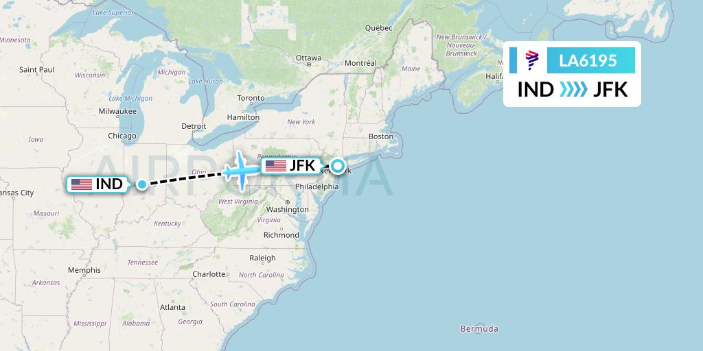 LA6195 LAN Airlines Flight Map: Indianapolis to New York