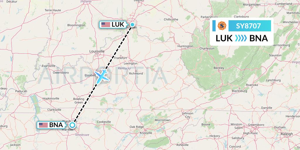 SY8707 Sun Country Airlines Flight Map: Cincinnati to Nashville