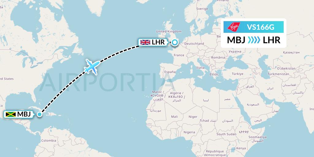 VS166G Virgin Atlantic Airways Flight Map: Montego Bay to London