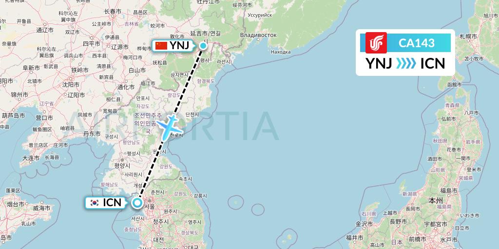 CA143 Air China Flight Map: Yanji to Seoul