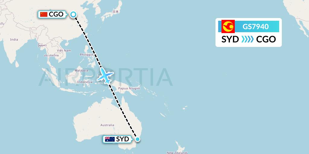GS7940 Tianjin Airlines Flight Map: Sydney to Zhengzhou