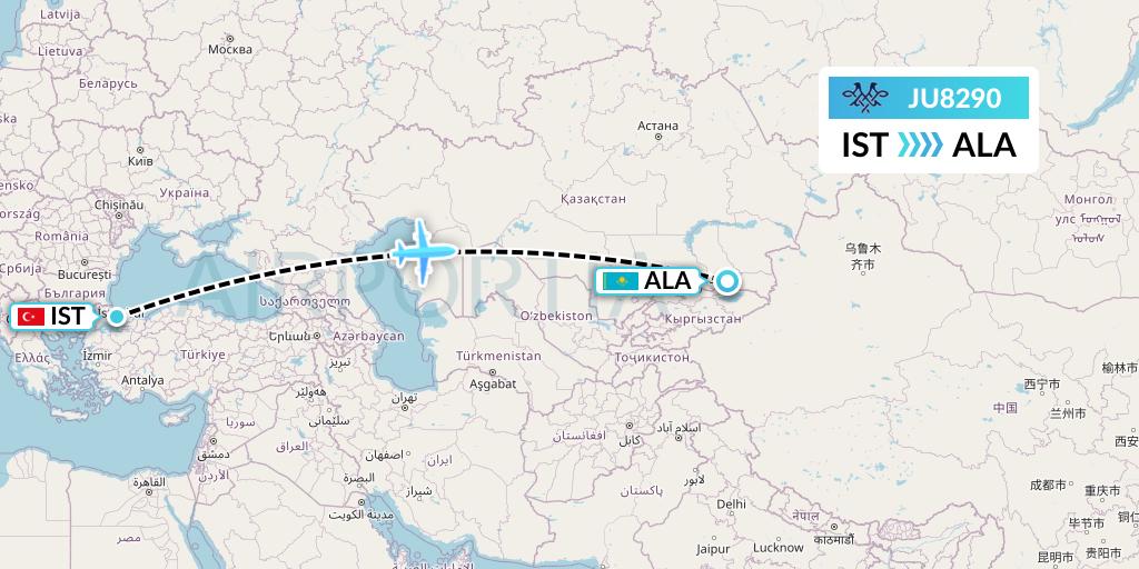 JU8290 AirSERBIA Flight Map: Istanbul to Almaty
