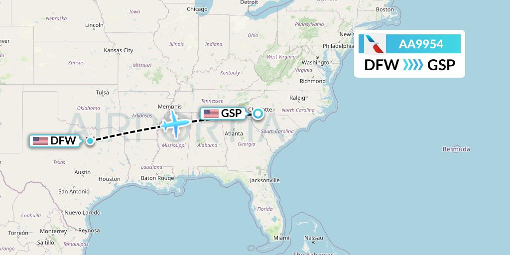 AA9954 American Airlines Flight Map: Dallas to Greenville-Spartanburg