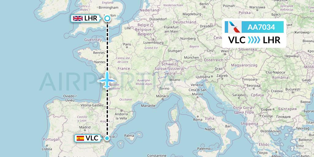 AA7034 American Airlines Flight Map: Valencia to London
