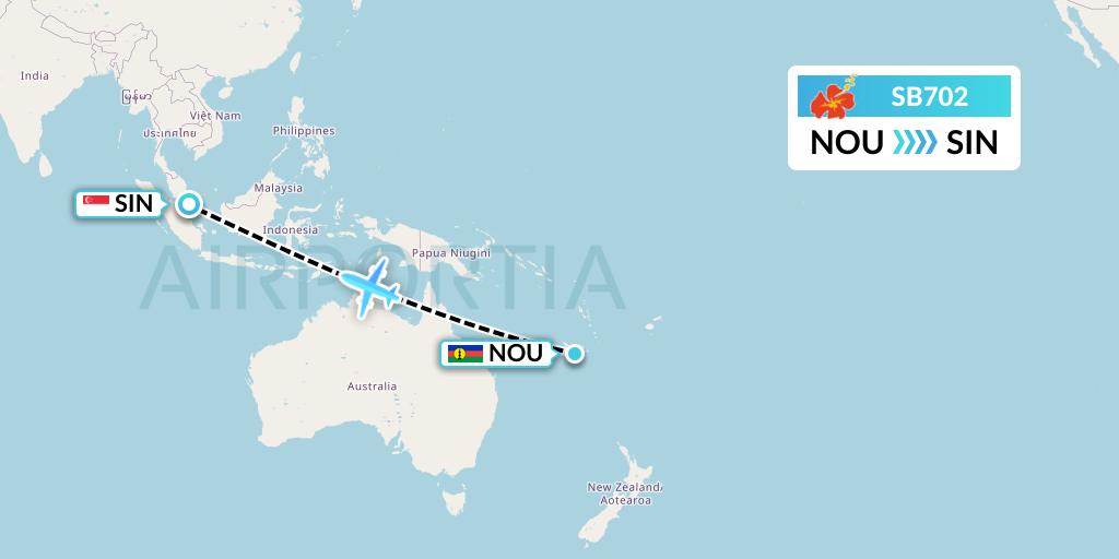 SB702 Aircalin Flight Map: Noumea to Singapore