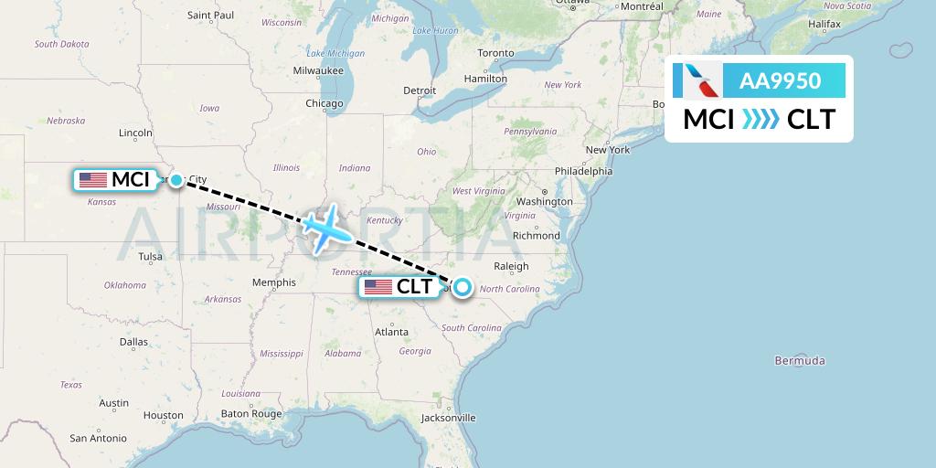 AA9950 American Airlines Flight Map: Kansas City to Charlotte
