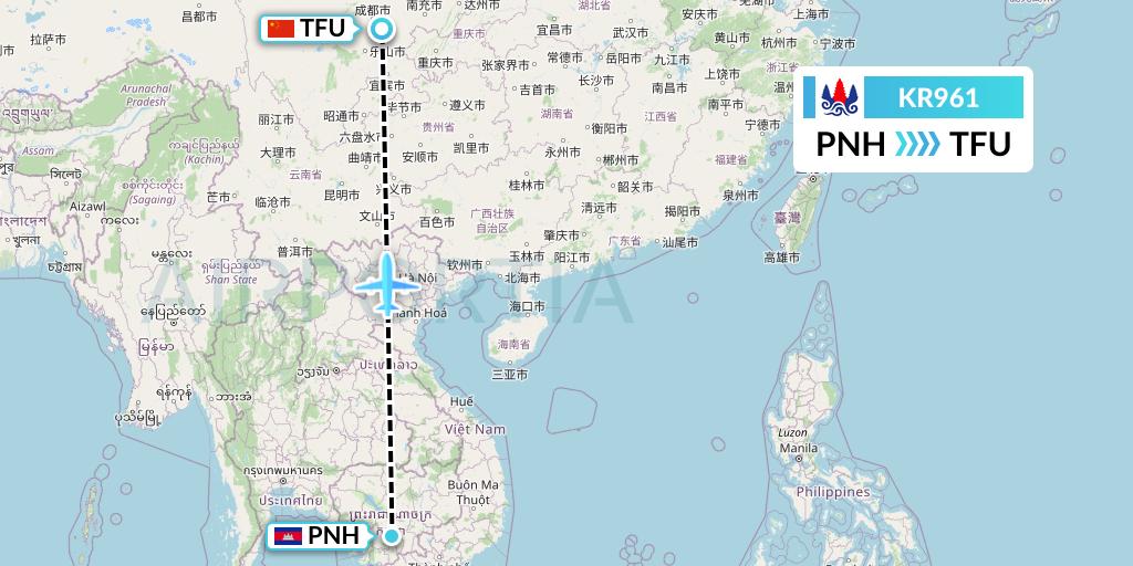 KR961 Cambodia Airways Flight Map: Phnom Penh to Chengdu