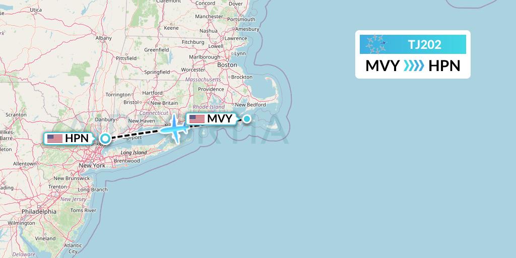 TJ202 Tradewind Aviation Flight Map: Martha's Vineyard to White Plains