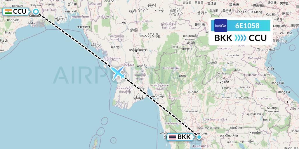6E1058 IndiGo Airlines Flight Map: Bangkok to Kolkata